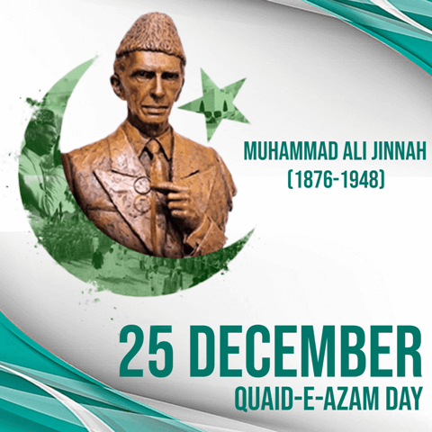 Portrait of Muhammad Ali Jinnah with the Pakistani flag, commemorating Quaid-e-Azam Day on 25 December